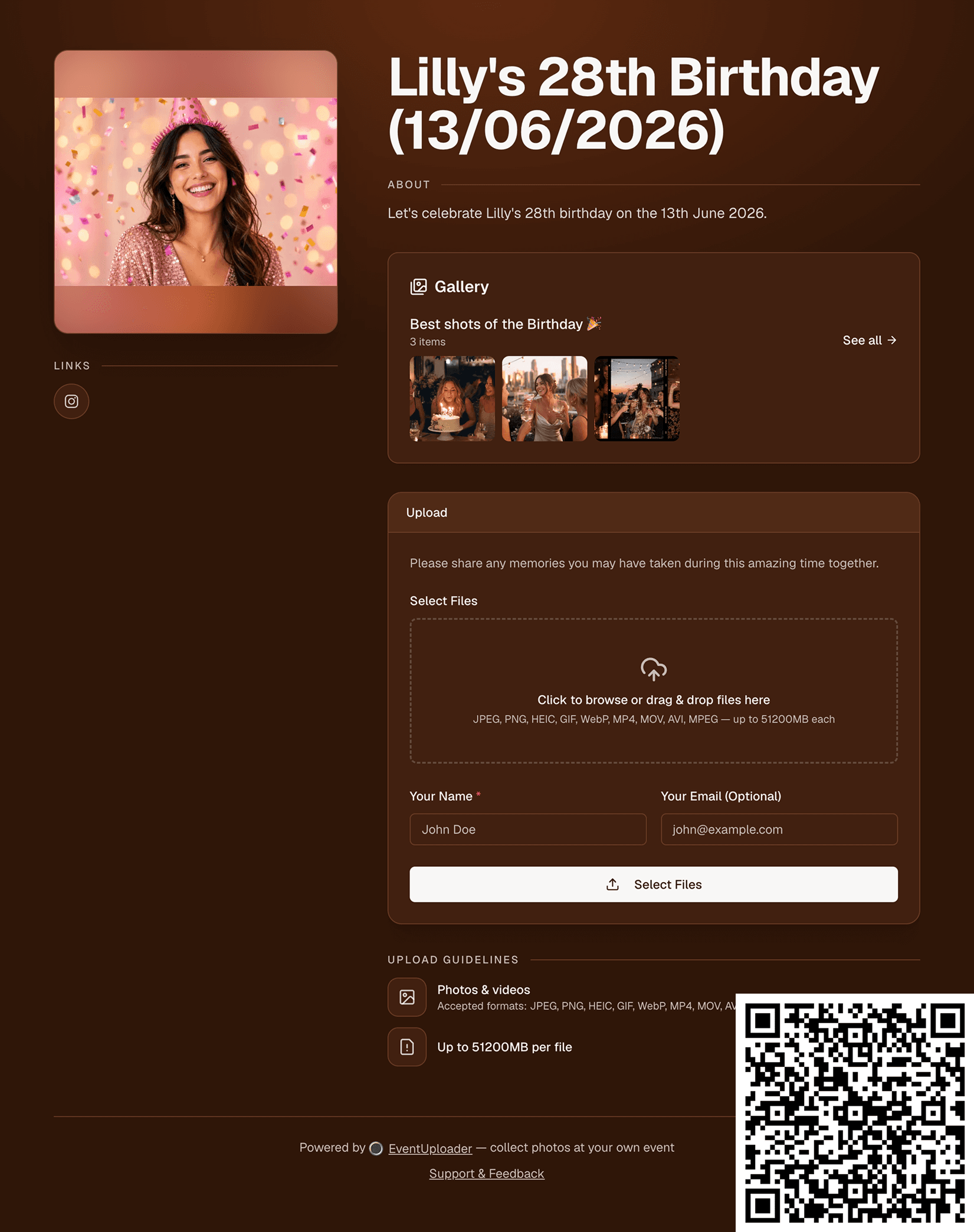 Example event upload page